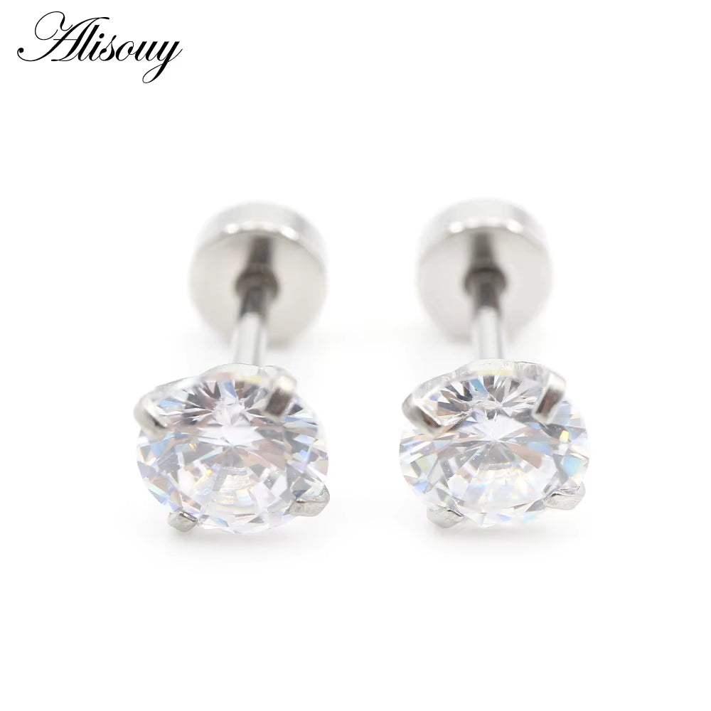 2Pcs Stainless Steel Unisex Women Men round Crystal Zircon Ear Studs Earrings 4 Prong Tragus Cartilage Piercing Jewelry
