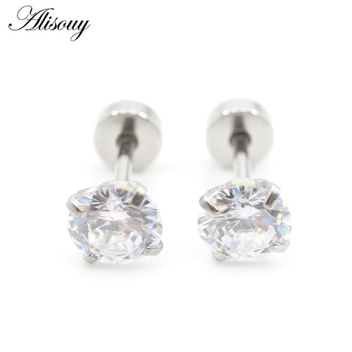 2Pcs Stainless Steel Unisex Women Men round Crystal Zircon Ear Studs Earrings 4 Prong Tragus Cartilage Piercing Jewelry