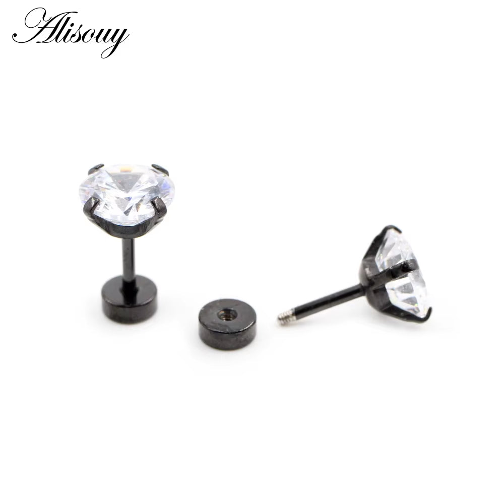 2Pcs Stainless Steel Unisex Women Men round Crystal Zircon Ear Studs Earrings 4 Prong Tragus Cartilage Piercing Jewelry