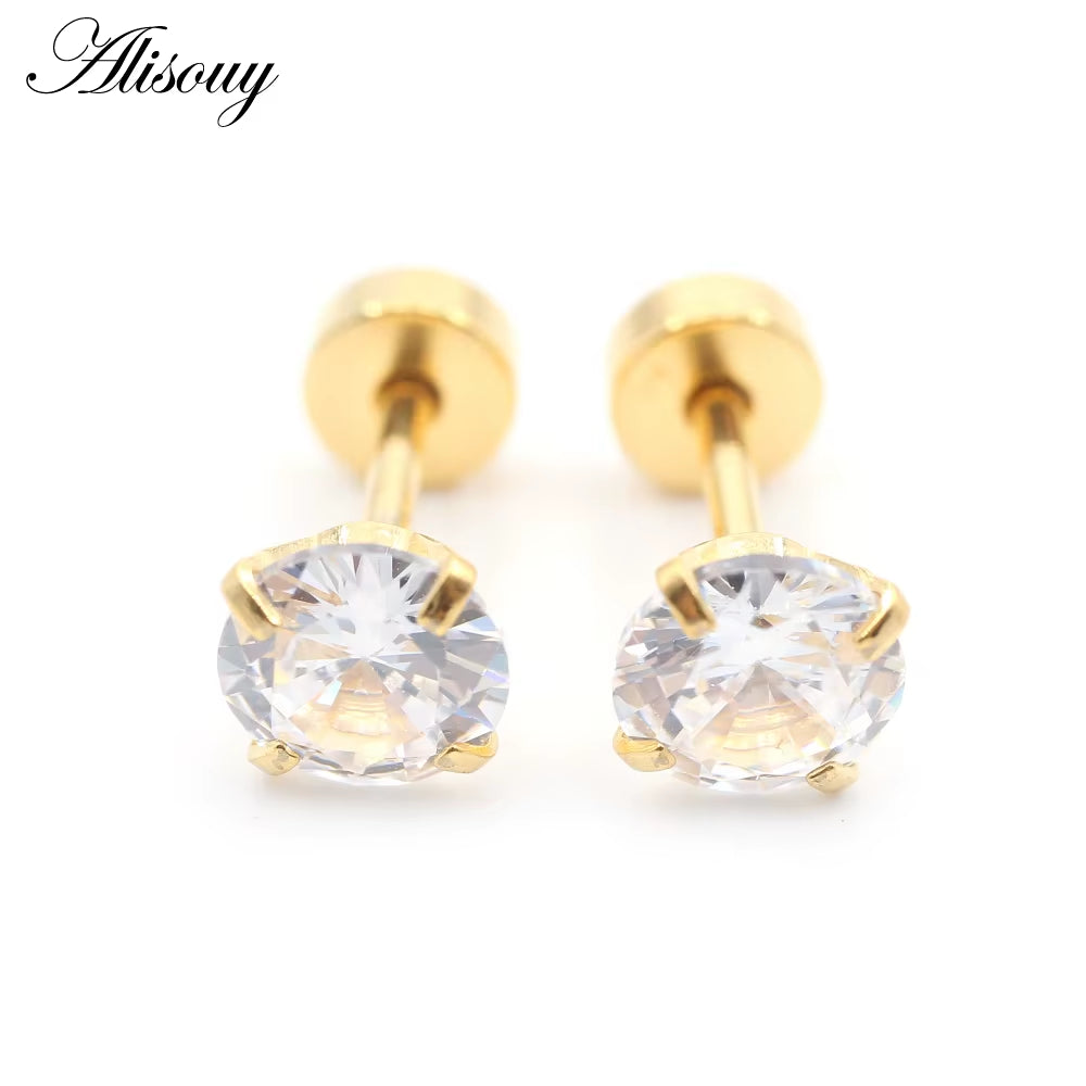 2Pcs Stainless Steel Unisex Women Men round Crystal Zircon Ear Studs Earrings 4 Prong Tragus Cartilage Piercing Jewelry