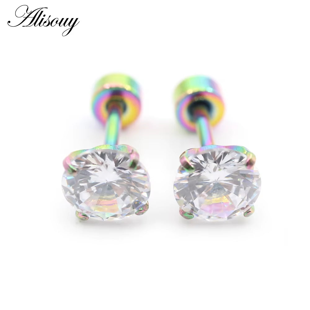 2Pcs Stainless Steel Unisex Women Men round Crystal Zircon Ear Studs Earrings 4 Prong Tragus Cartilage Piercing Jewelry