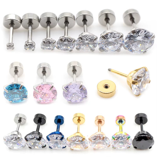 2Pcs Stainless Steel Unisex Women Men round Crystal Zircon Ear Studs Earrings 4 Prong Tragus Cartilage Piercing Jewelry