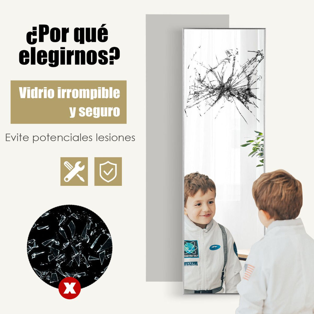 Espejo Colgante a La Puerta De Pared Marco De Aleación De Aluminio Cristal Irrompible 120 X 37 Cm Plateado