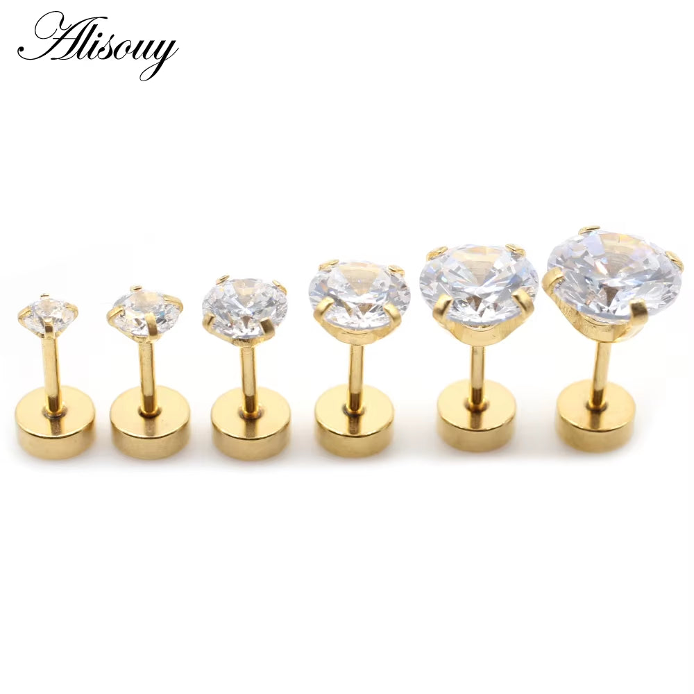 2Pcs Stainless Steel Unisex Women Men round Crystal Zircon Ear Studs Earrings 4 Prong Tragus Cartilage Piercing Jewelry