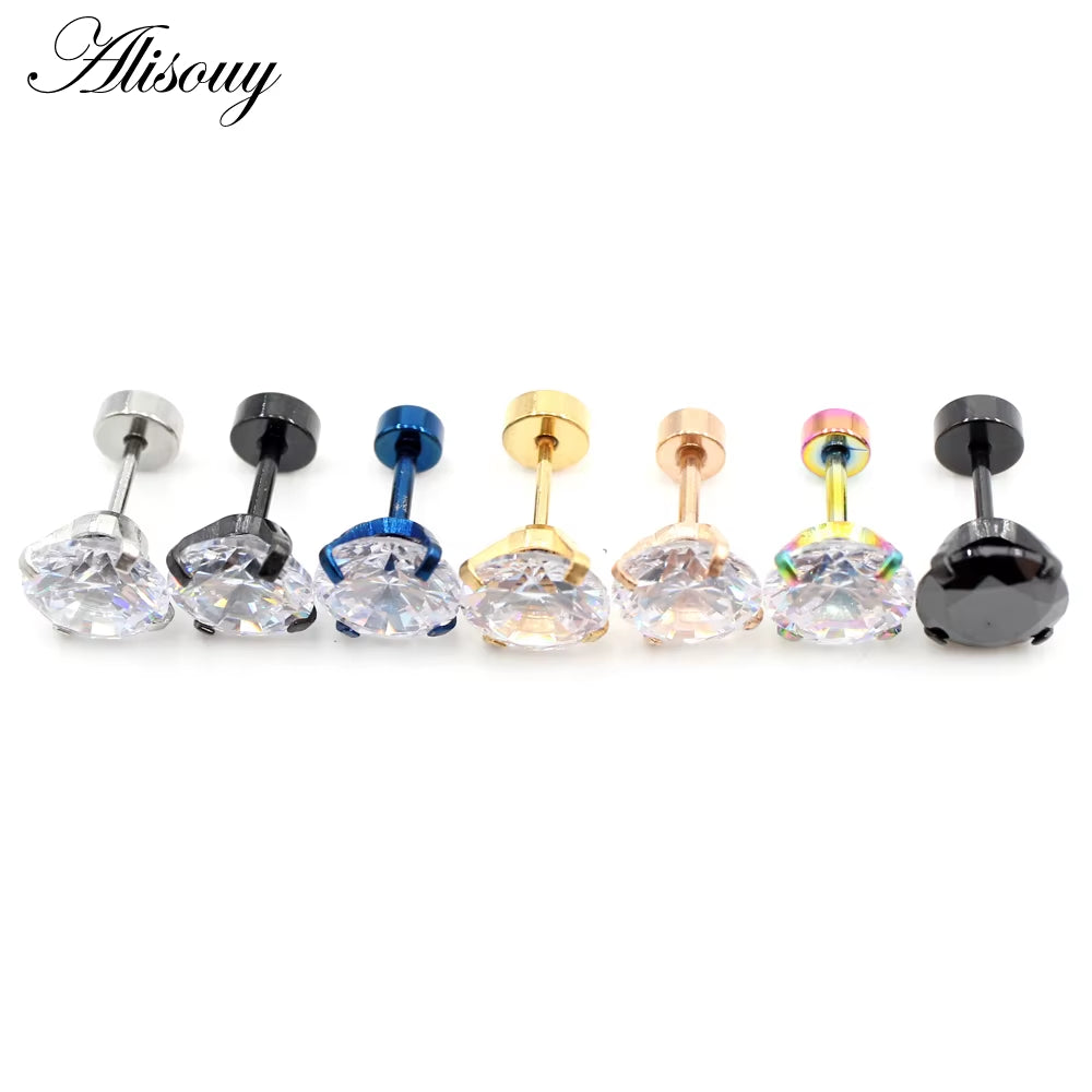 2Pcs Stainless Steel Unisex Women Men round Crystal Zircon Ear Studs Earrings 4 Prong Tragus Cartilage Piercing Jewelry