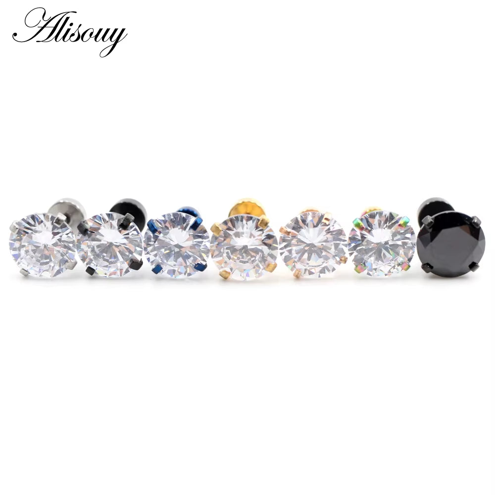 2Pcs Stainless Steel Unisex Women Men round Crystal Zircon Ear Studs Earrings 4 Prong Tragus Cartilage Piercing Jewelry