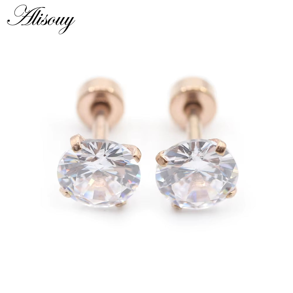 2Pcs Stainless Steel Unisex Women Men round Crystal Zircon Ear Studs Earrings 4 Prong Tragus Cartilage Piercing Jewelry