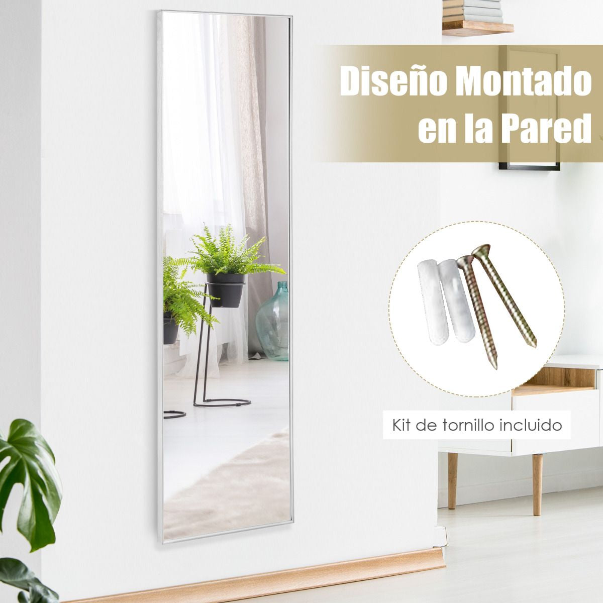 Espejo Colgante a La Puerta De Pared Marco De Aleación De Aluminio Cristal Irrompible 120 X 37 Cm Plateado